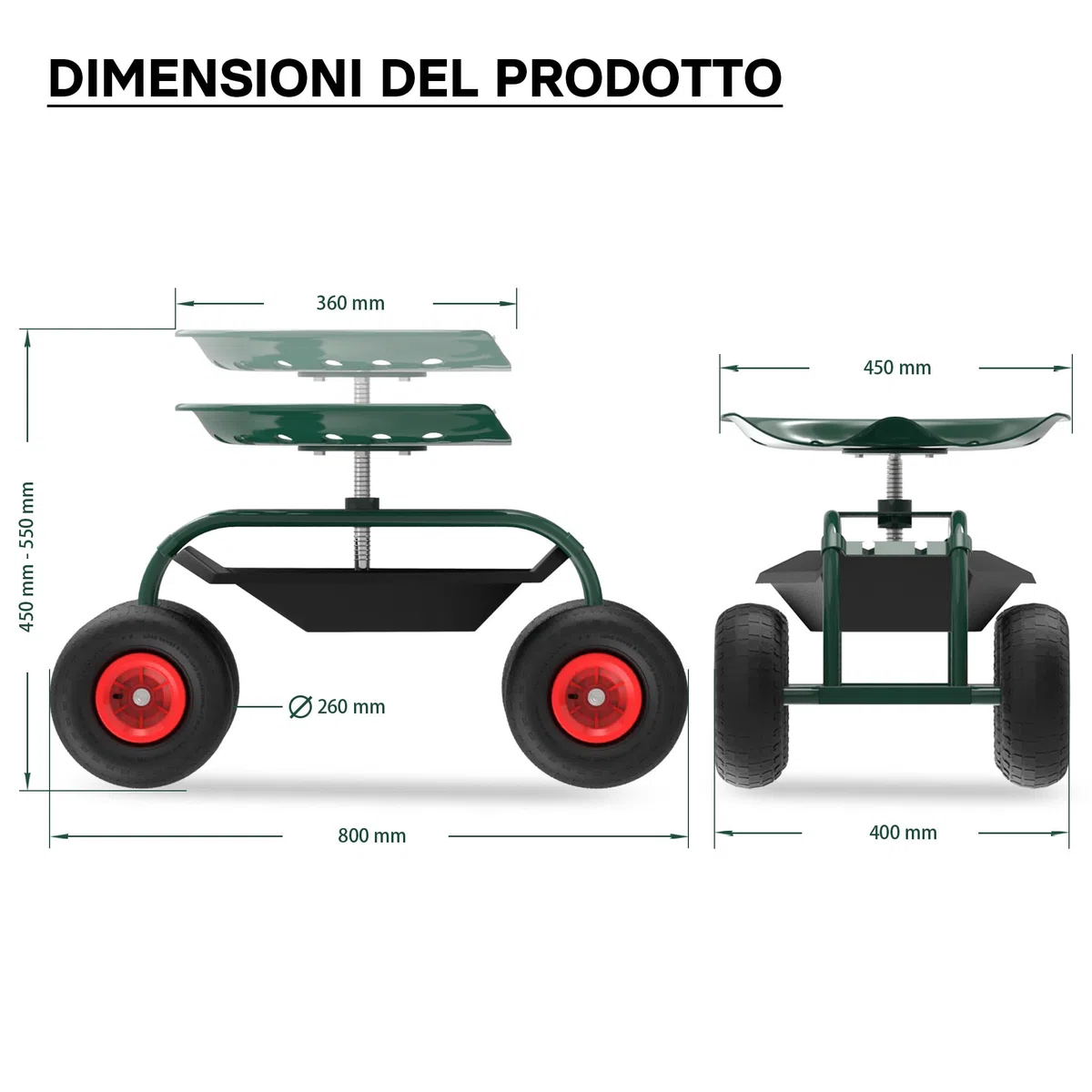 Wiltec Sgabello da Giardinaggio e Officina con Ruote e Porta Oggetti, Sgabello a Carrello, Portata 150 kg