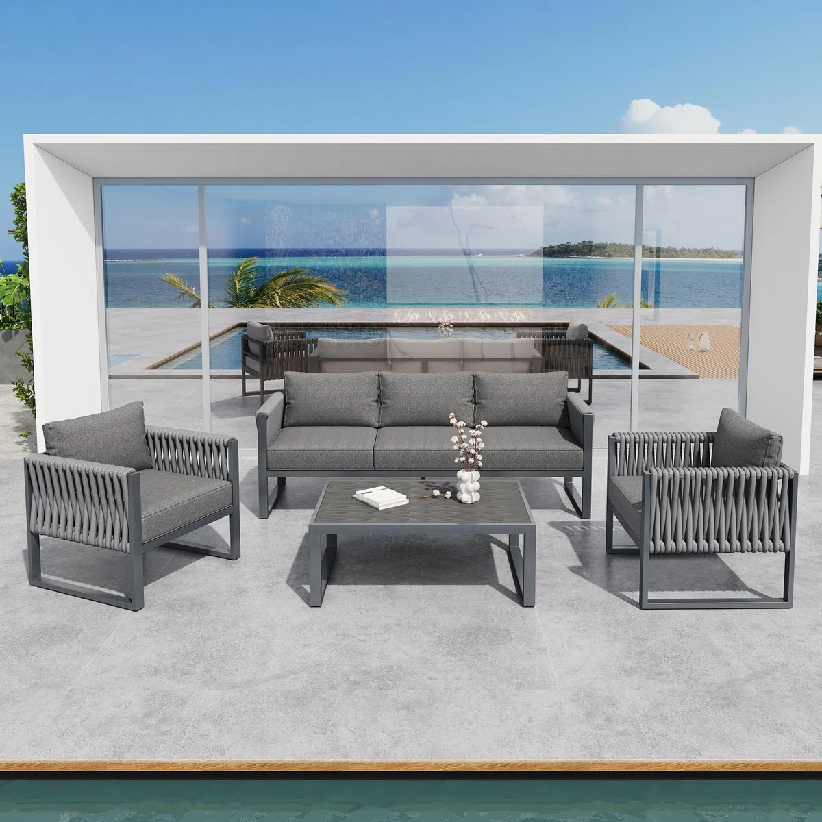Set di mobili da giardino da esterno a 5 posti, con piedini regolabili, imbottiture e struttura in metallo antiruggine, per balcone, terrazza, grigio