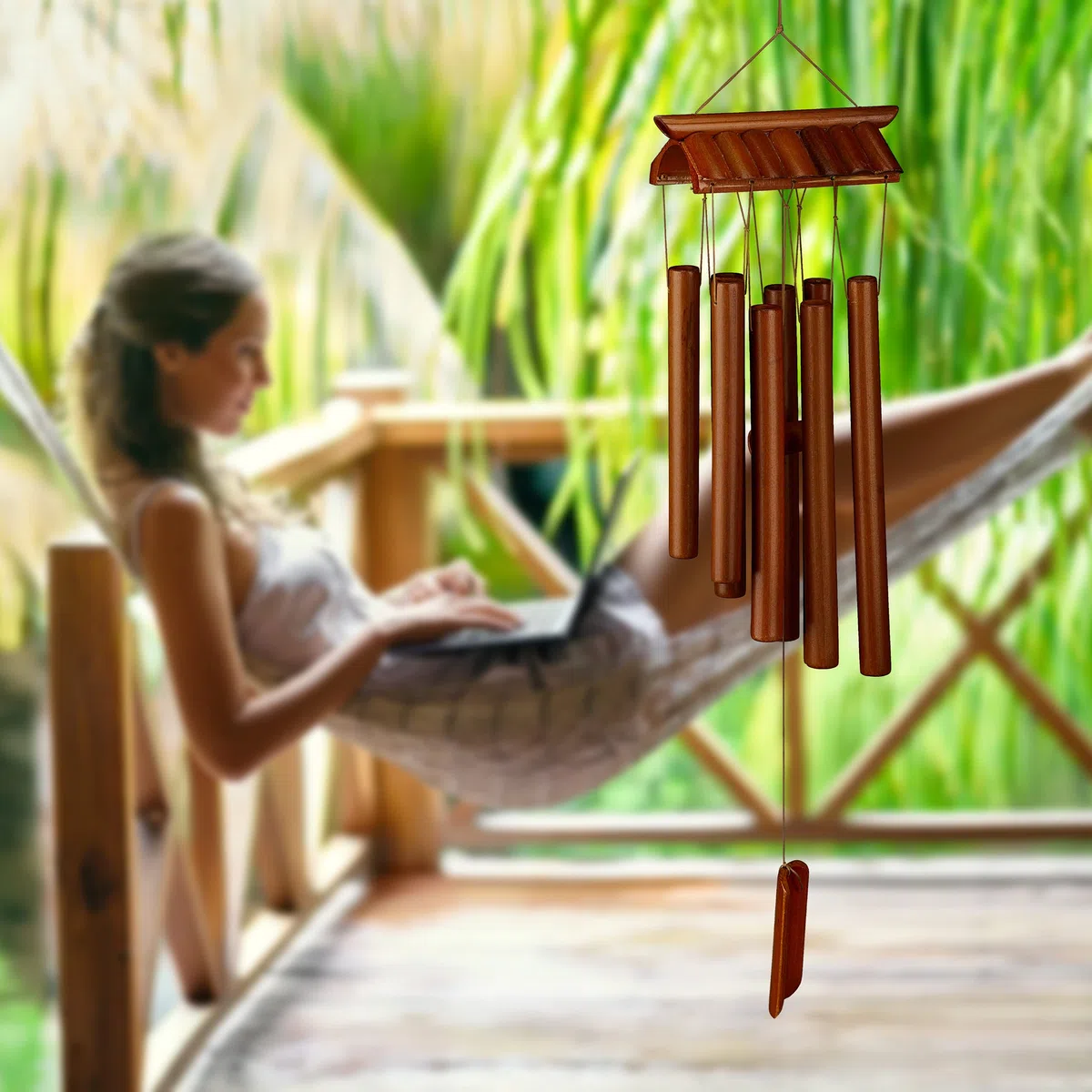 Relaxdays Campane a Vento, Canne in bambù, Campanelli Scacciapensieri, da Appendere, Tempio, Esterni e Interni, Marrone