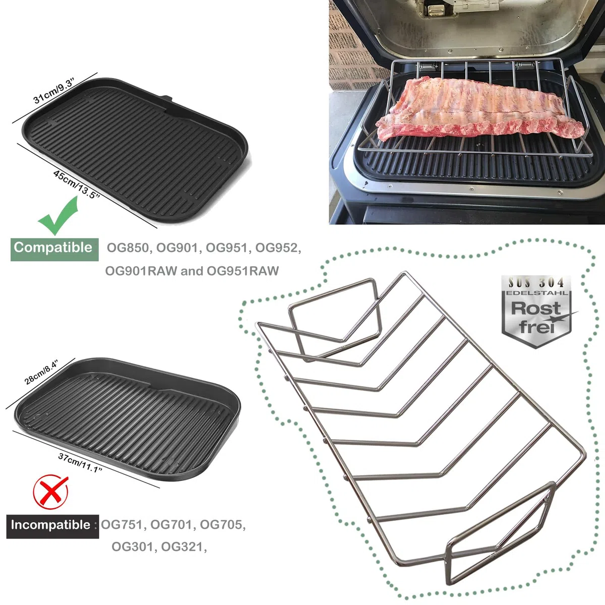 Supporto per Costine & Cestello per Barbecue Ninja Woodfire XL OG850/OG901，Griglia antiaderentea Forma di V per Pollos, Acciaio Inox 304 più Spesso