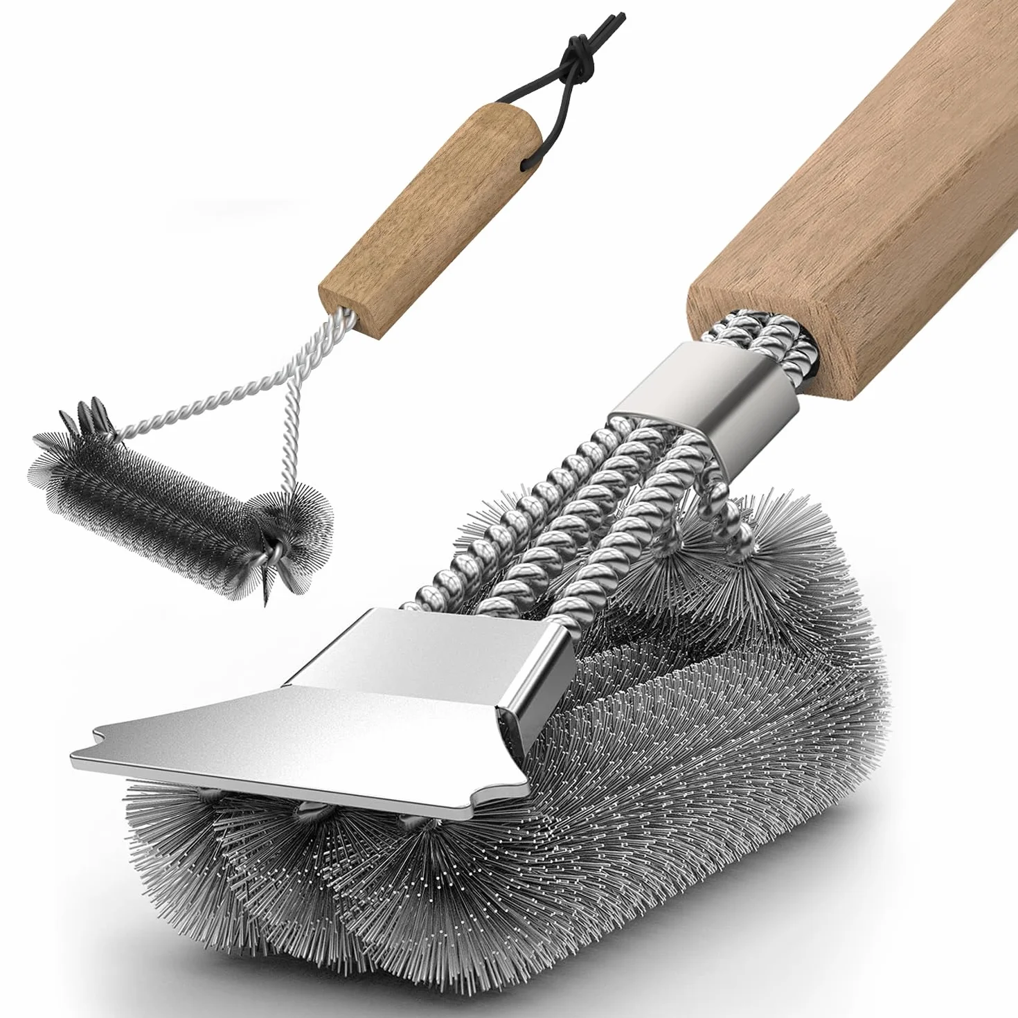 HAZENS - Spazzola per la pulizia del barbecue (2 pezzi), con manico in legno, spazzola per barbecue da 39 cm, con raschietto in acciaio inox, setole fitte in acciaio inox, triangolare, spazzola
