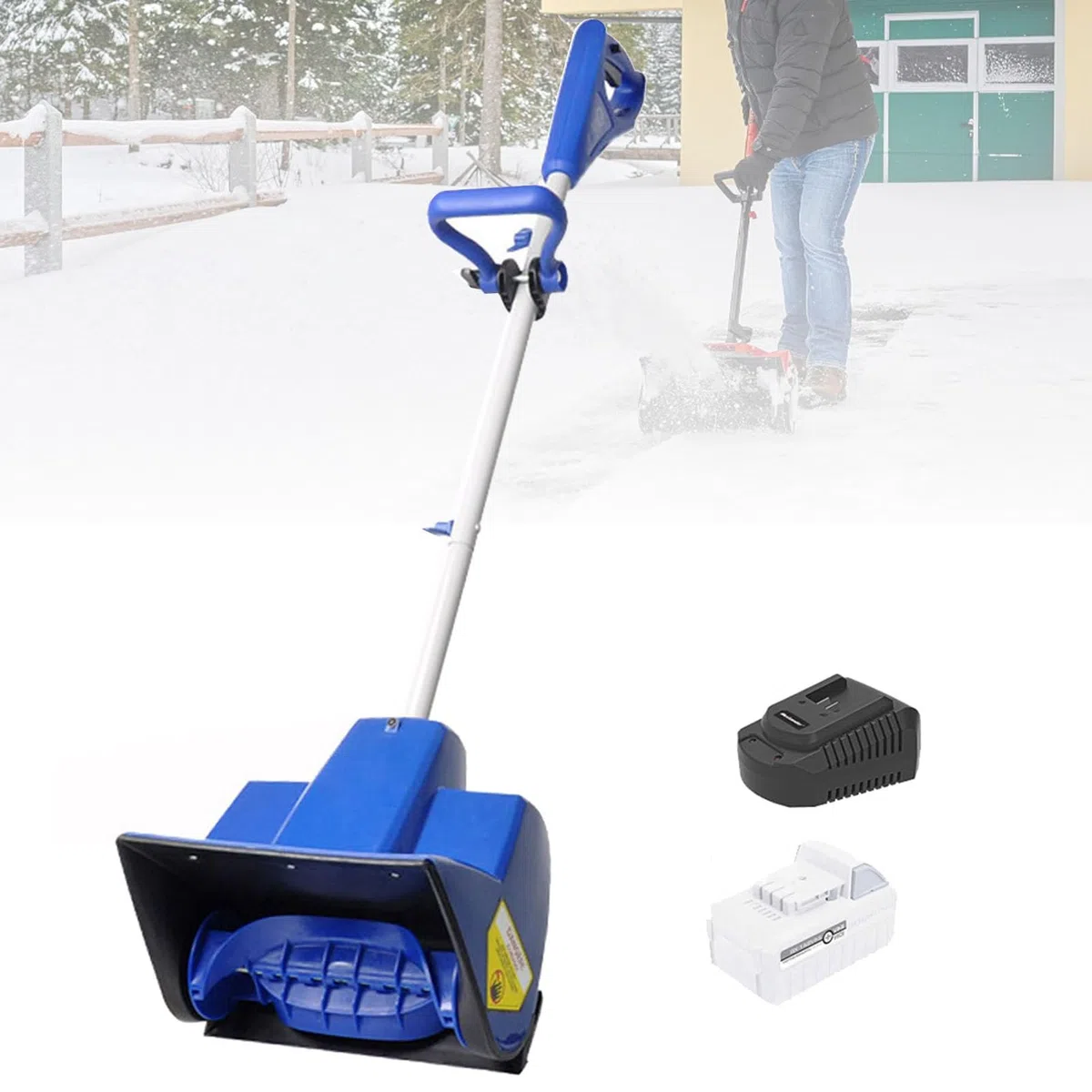 Pala da neve senza fili – Spazzaneve elettrico portatile con batteria rimovibile, caricatore, palo telescopico, lancianeve ricaricabile, distanza di lancio 6 m, 2 batterie
