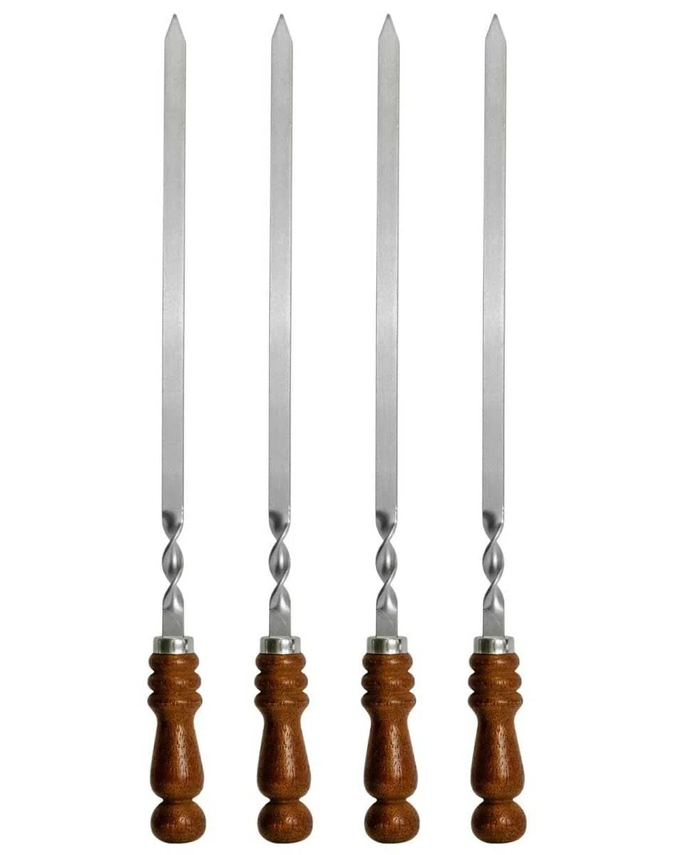 4 spiedini eleganti e stabili in acciaio inox con manico in legno, 70 cm di lunghezza, 1,5 cm di larghezza, 2 mm di spessore