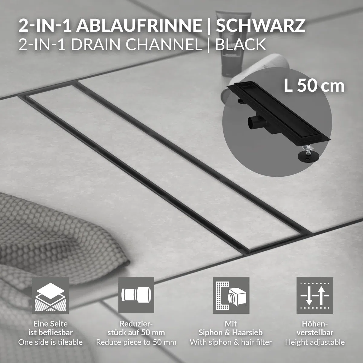 LuxeBath Canaletta per Doccia 50 cm 2 in 1 Drenaggio Piastrellabile in Acciaio Inossidabile Nero Canalina Scarico a Pavimento per Bagno Set Completo di Fissaggio Sifone a Canale con Filtro per Capelli