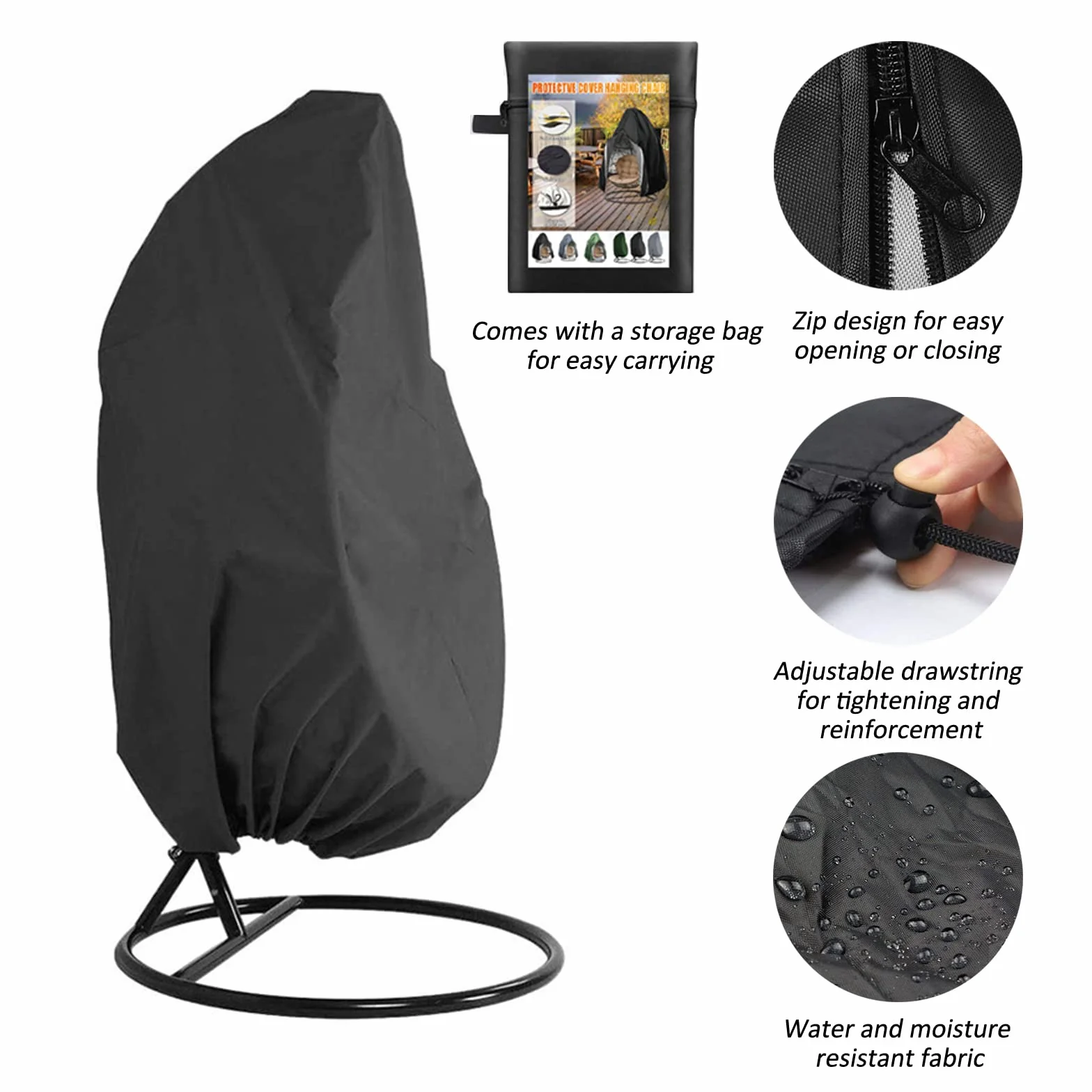 Copri Sedia da Giardino Pensile per Uova in Rattan per Esterni Sedia da Altalena in Vimini Impermeabile Antipolvere per Mobili da Giardino con Cerniera, 190x115 cm (Nero)