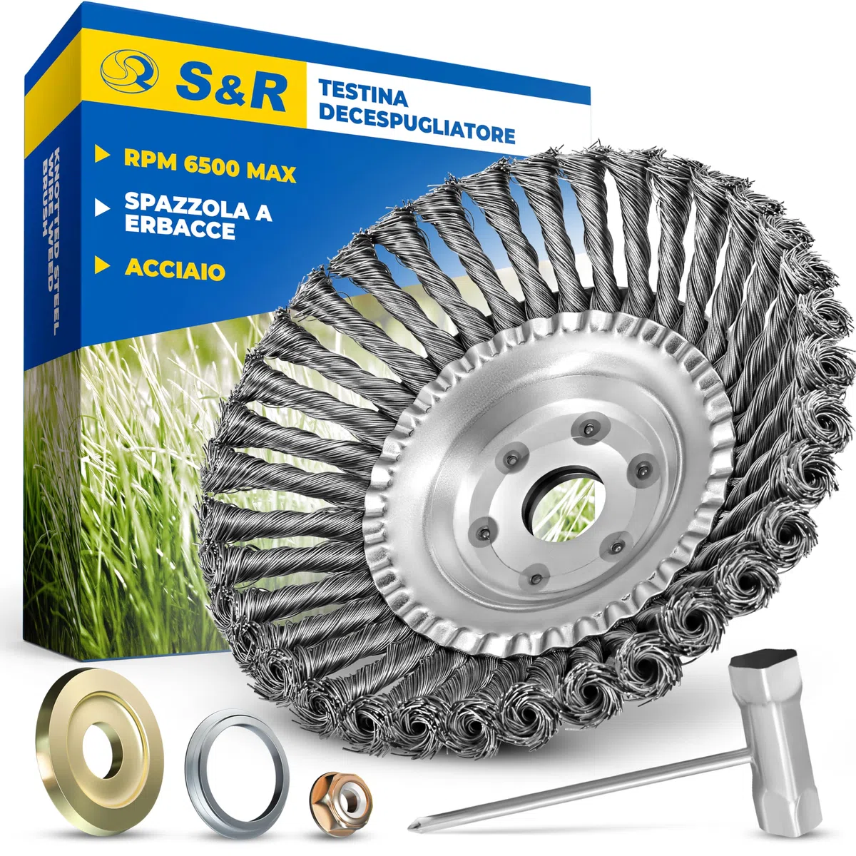 S&R Testina Spazzola Decespugliatore, Spazzola Acciaio Erbacce Disco Tosaerba 200mm Foro 25,4 mm.