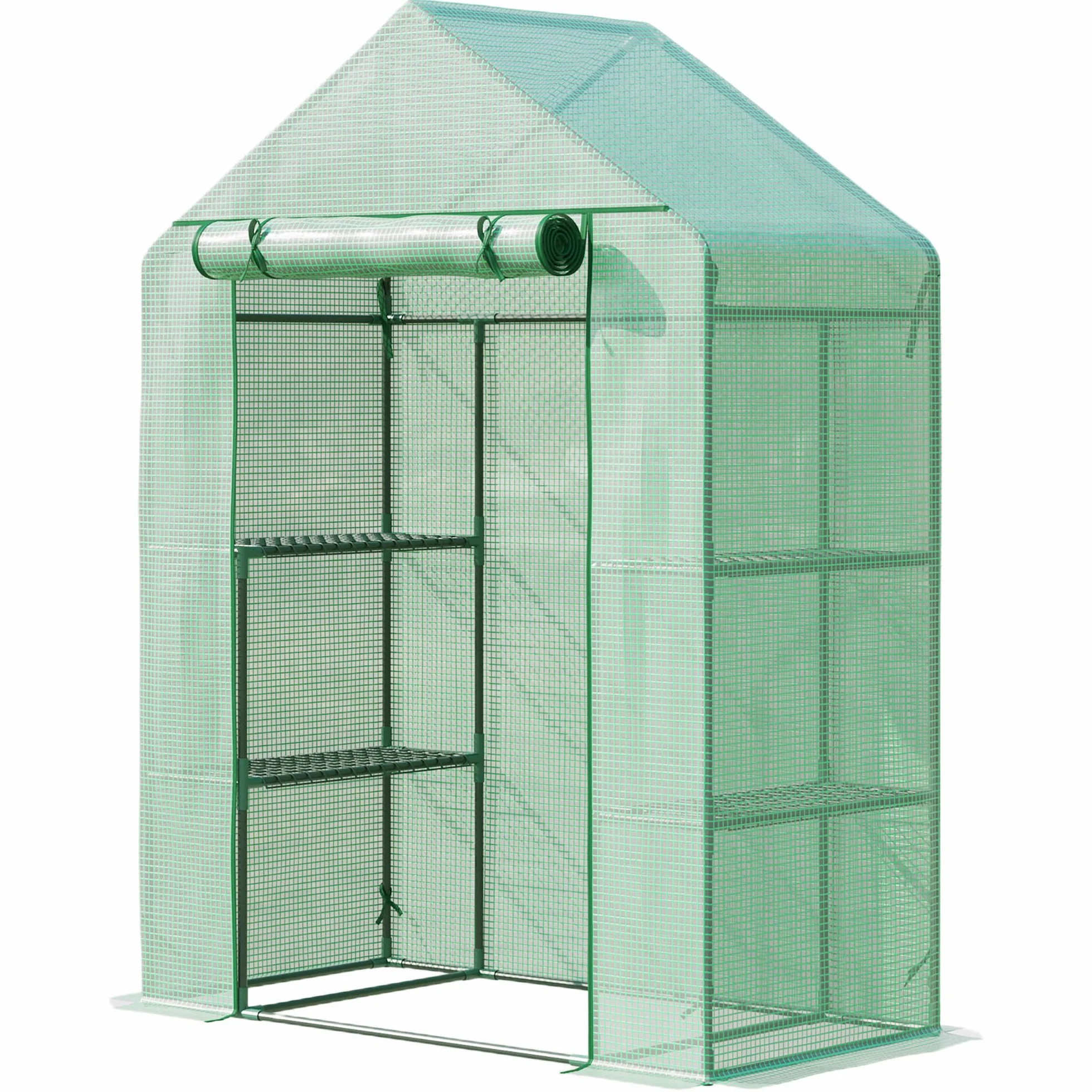 Outsunny Serra da Esterno con 4 Ripiani, Funi e Picchetti, in Acciaio e Plastica PE, 141x72x191 cm, Verde