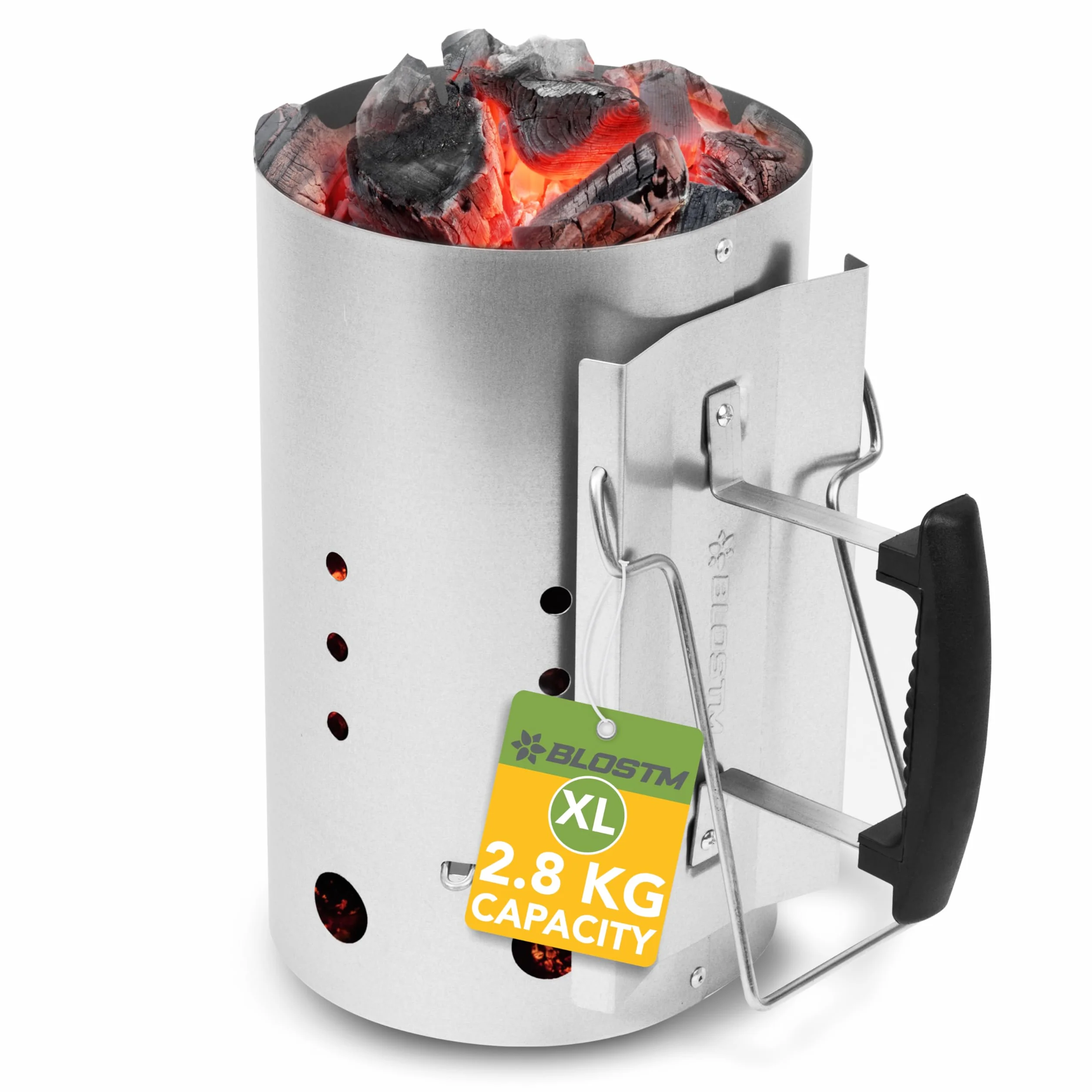 BLOSTM Accendi Fuoco per Barbecue - Extra Grande Accendi Carbonella Barbecue Avviamento Rapido, Acciaio Zincato, Maniglie di Sicurezza Isolate Termicamente - Accendi Carbonella, Grumi, Bricchette
