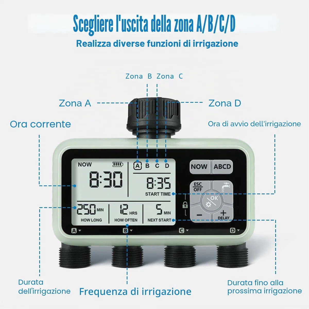 CROSOFMI 4 Vie Timer Irrigazione Automatica Digitale Centralina Irrigazione Temporizzatore Programmatore Irrigazione Giardino /IPX5 Impermeabile/Ritardo Pioggia/Modalità di Irrigazione Manuale