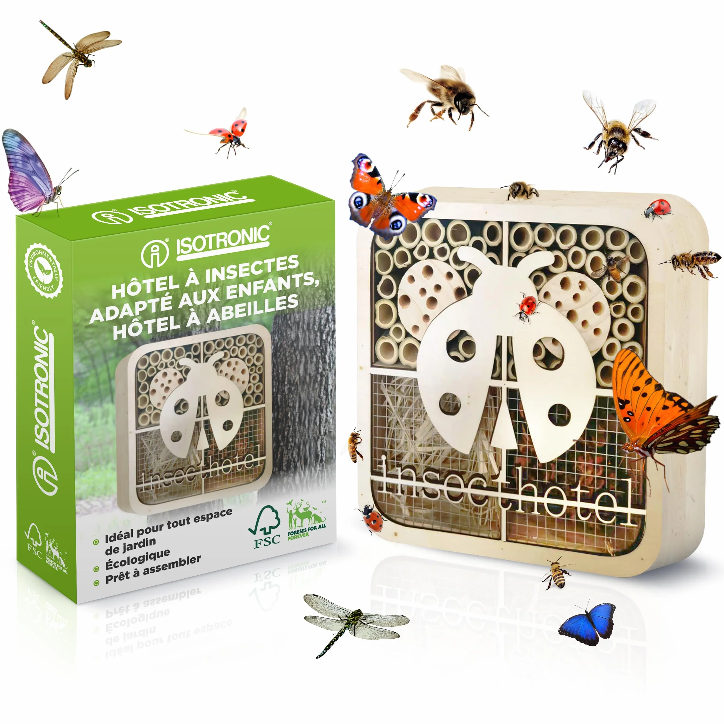 ISOTRONIC Hotel per insetti in legno naturale – Casetta per api, coccinelle e altri insetti – Hotel per api in bambù per giardino e balcone – Design moderno a nido d'ape (coccinella)