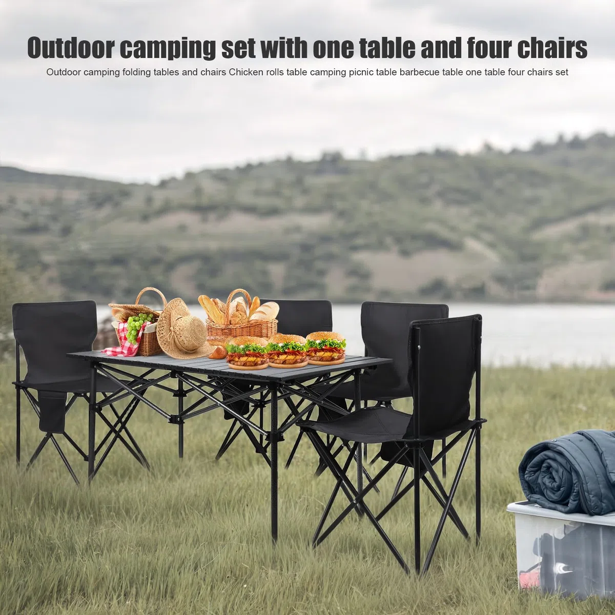 Set di tavolo e sedie da campeggio, tavolo e sedie da picnic pieghevoli, in metallo, portatili, 4 sedie, con grande organizer e borsa per il trasporto, per picnic, campeggio, barbecue, nero