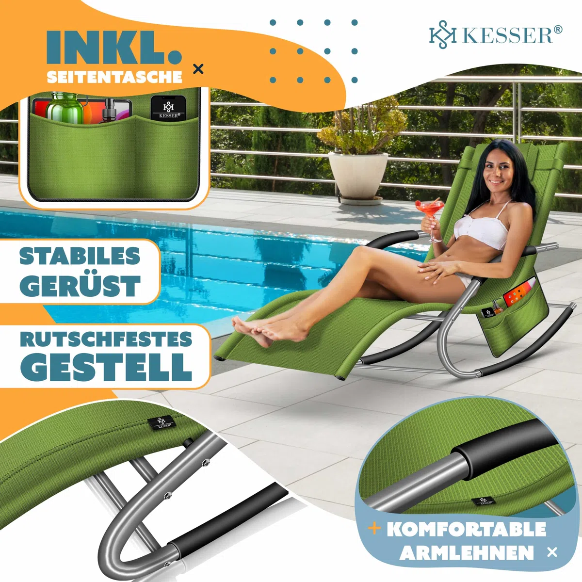 KESSER Lettino da giardino, sedia a sdraio, sedia a sdraio, sedia a dondolo, sedia a dondolo, ergonomica, cuscino resistente alle intemperie, carico di 150 kg, colore cachi