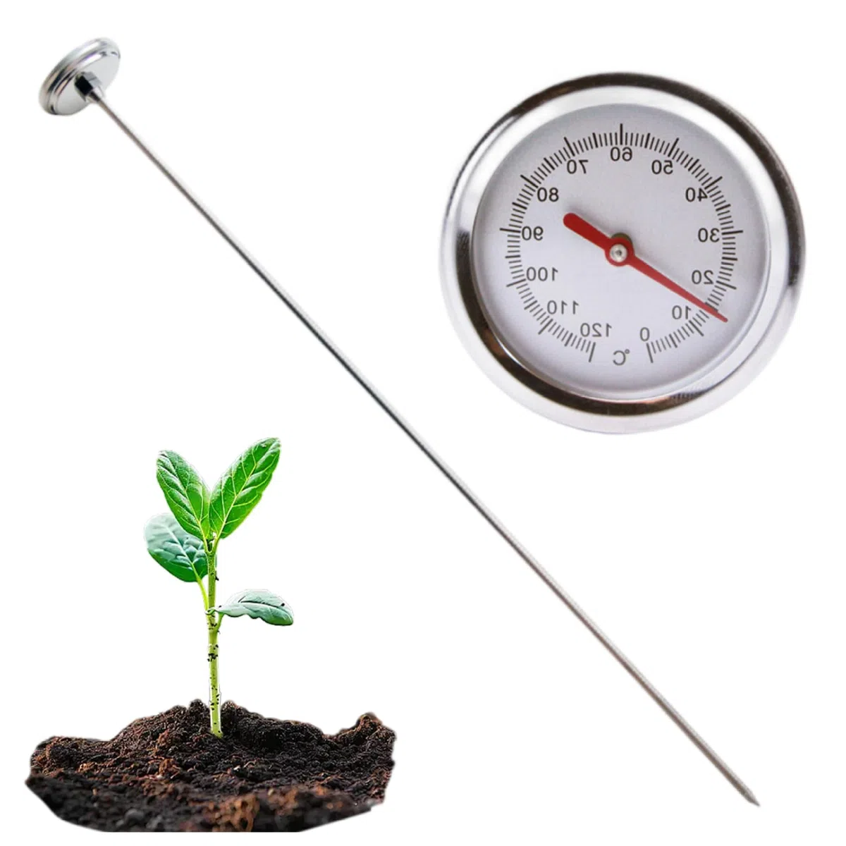 Termometro per Compost, termometro per Terreno in Acciaio Inossidabile con quadrante da 2 Pollici e Stelo da 20 Pollici Portatile per Terreno, Compost, Giardino