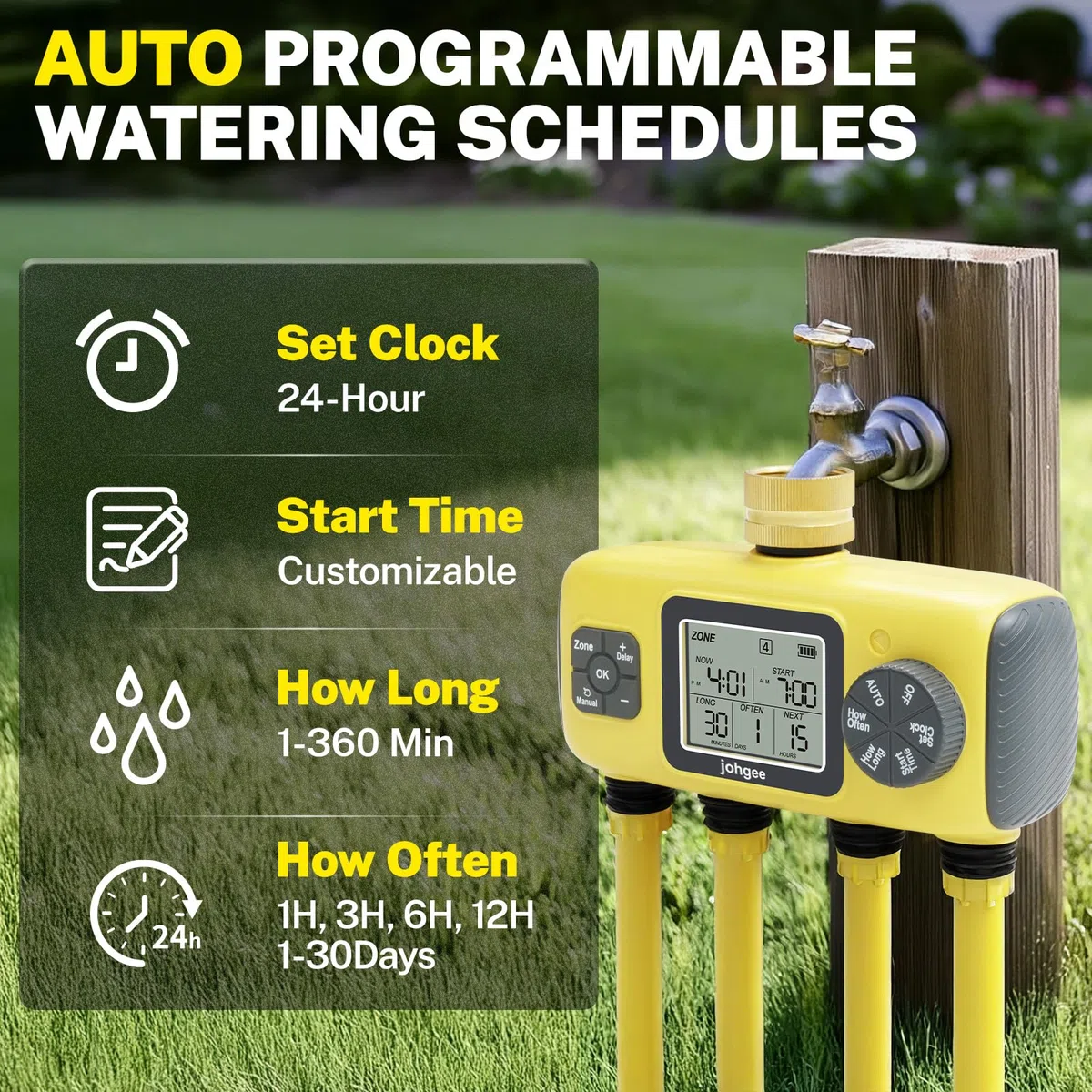Johgee Centralina Irrigazione 4 vie, con Ingresso in Ottone, 4 Vie Timer Irrigazione Automatica Digitale Ritardo per Pioggia/Bewässerung Manuale, Programmatore Irrigazione per Prato e Giardino