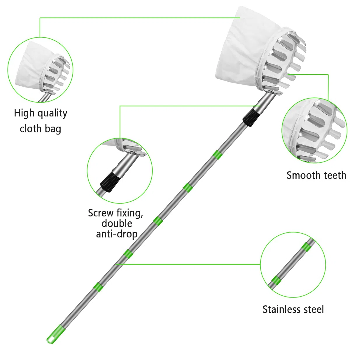 Raccogli frutta, 2,6 m, raccogli mele, aiuto per la raccolta di frutta, diametro 16 cm, manico telescopico in acciaio inox, lunghezza regolabile, facile da montare, adatto per raccogliere