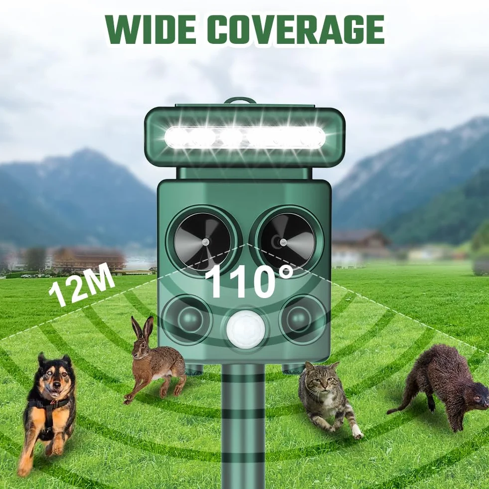 AOOWU Professionale Repellente per Gatti, Ultrasonico Solare Alimentato Animale Deterrente, Repellente per Roditori a Ultrasuoni con Luce Flash a LED, per Cani, Piccioni, Volpi, IP66 Impermeabile