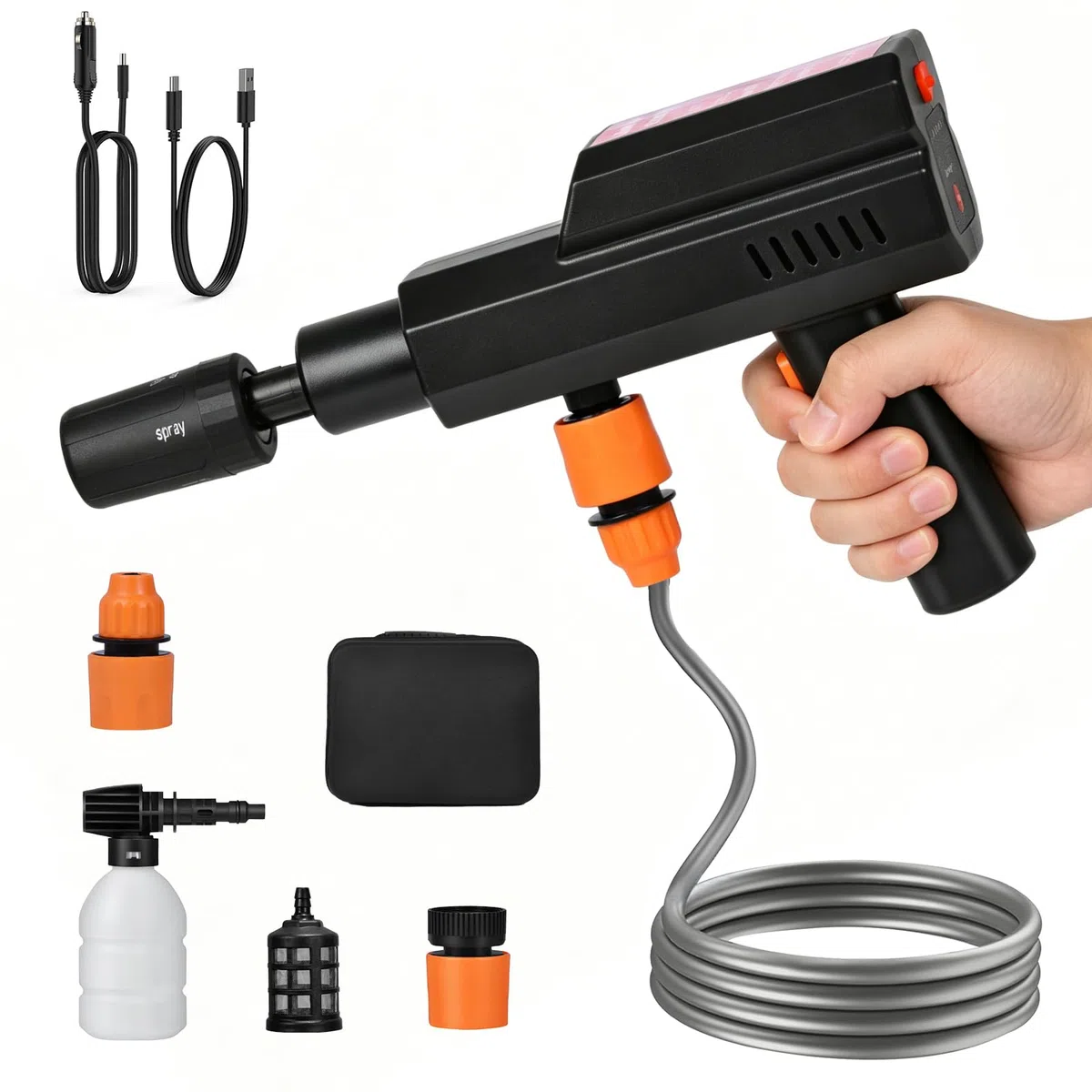 Idropulitrice Portatile Senza Fili 12000mAh, 4 Livelli di Pressione | Ricarica USB-C e Alimentazione Auto 12V, Ugello 5 in 1, Tubo 5 m, Serbatoio Schiuma, Valigetta per Auto, Bici e Giardino