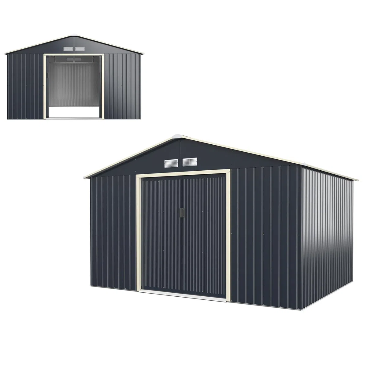 HOMASIS Casetta da Giardino in Metallo, Casetta Porta Attrezzi da Giardino con 2 Finestre di Ventilazione e 2 Porte Scorrevoli, Capanno da Giardino con Tetto a Falde, Grigio, 340 x 255 x 210cm