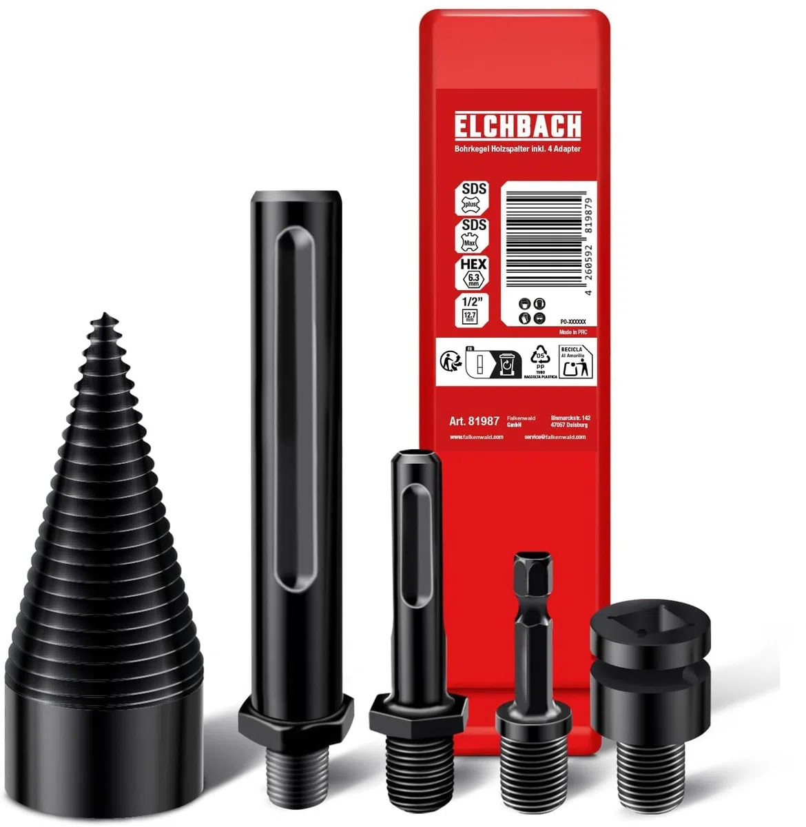 Spaccalegna 42 mm – cono per legno con 4 adattatori – preciso e veloce, ignifugo per legno, punta per legna da ardere Premium – compatibile con trapano avvitatore a batteria