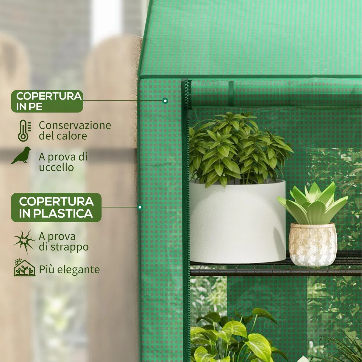 Outsunny Serra da Giardino con Copertura in PE e 6 Mensole a Rete, Serra Addossata da Balcone con 2 Porte Avvolgibili, 143x46x151cm, Verde