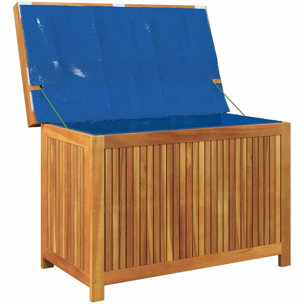 Scatola per cuscini per esterni, 90 x 50 x 60,5 cm, in legno massiccio acacia | Stoccaggio Giardino, Borsa Impermeabile Integrata, Doghe Ventilate, Coperchio Antipolvere
