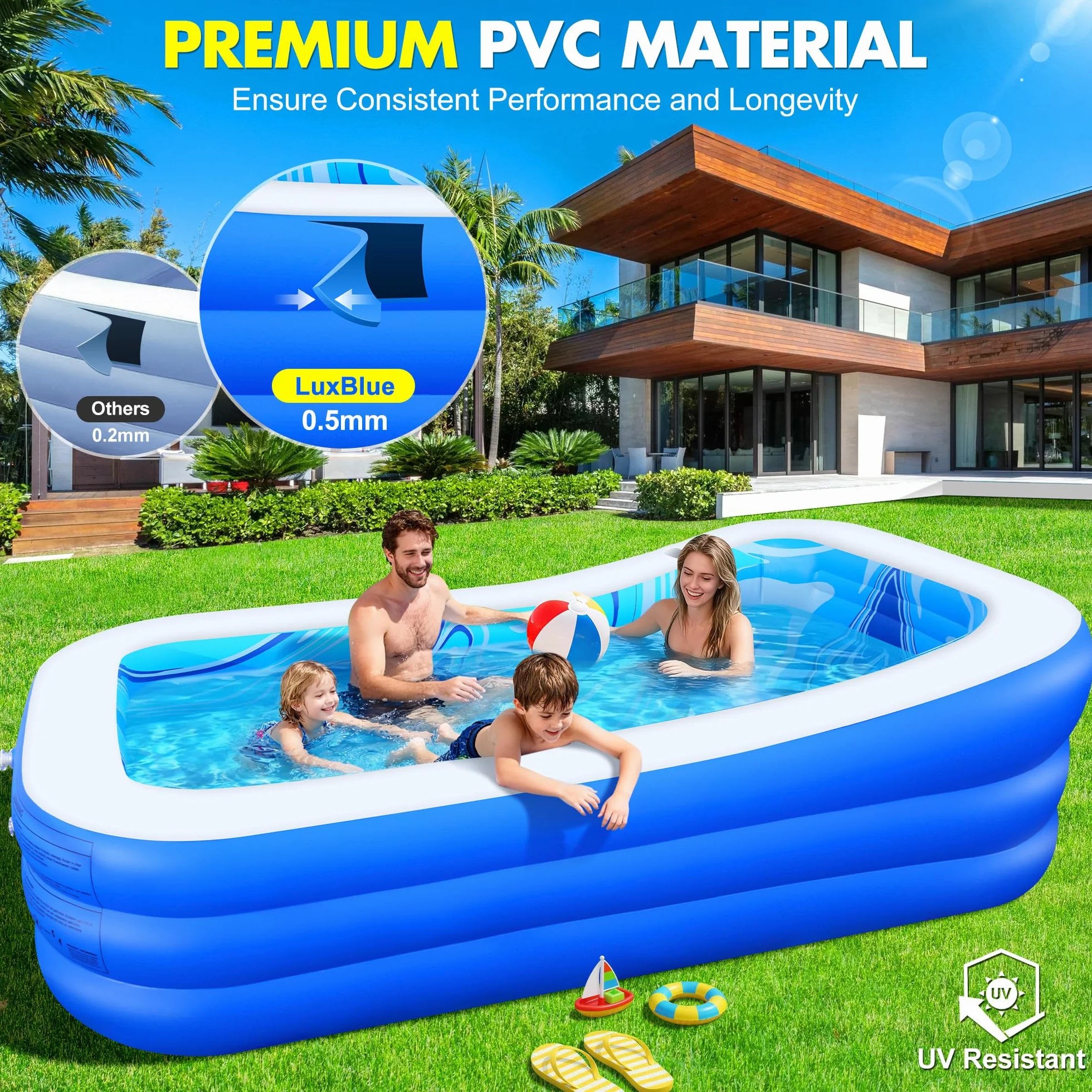 LuxBlue Piscina Gonfiabile Adulti, Piscine Gonfiabili per Famiglie con Seduta e Schienale, 0.5mm Ispessito Grande Piscina Gonfiabile Rettangolare, 250*160*63cm Piscinas Gonfiabili Giardino Terrazzo
