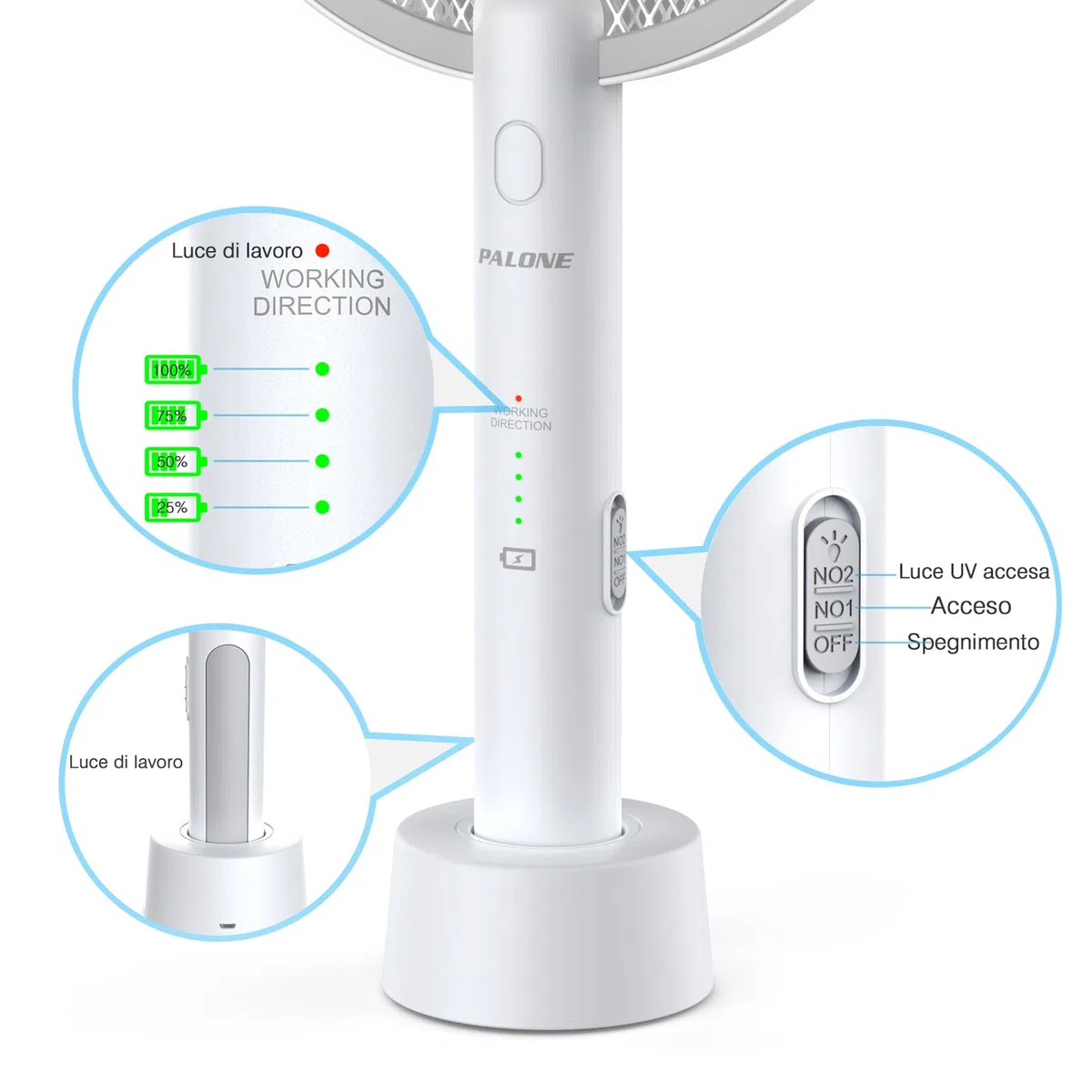 PALONE Racchetta Zanzare Elettrica, 4000V con USB Ricaricabile LED 2-In-1 Racchetta Zanzare Elettrico, Protezione Maglia a 3 Strati, Adatto per Casa Giardino Campeggio Interni ed Esterni - Bianco