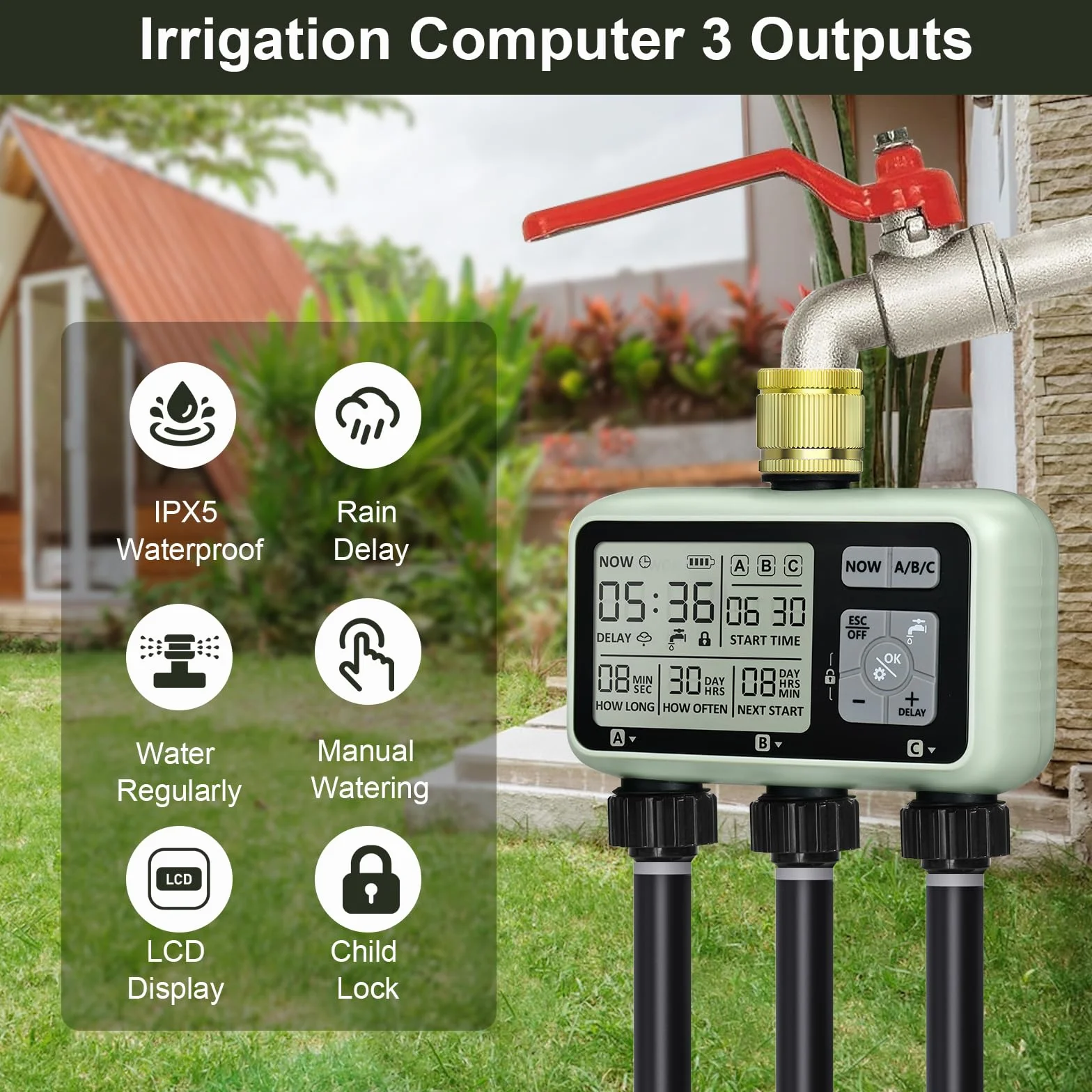 Johgee Computer di irrigazione 3 uscite indipendenti con ingresso in ottone, orologio digitale per irrigazione con ritardo della pioggia, controllo automatico/manuale di irrigazione, timer per