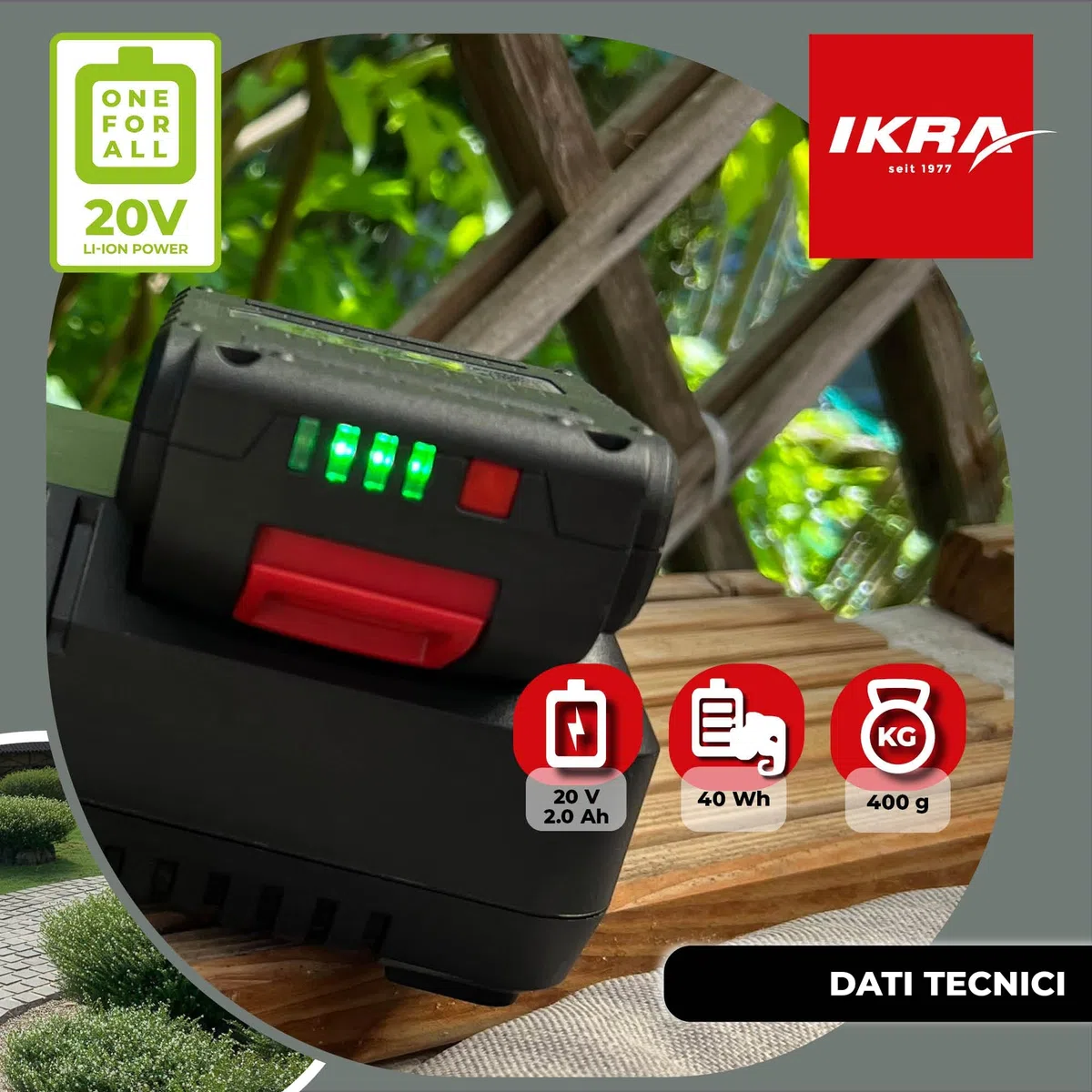 IKRA batteria 20V 2,0Ah LI 22, adatta a tutti gli attrezzi da giardino a batteria IKRA 20V, con display LED