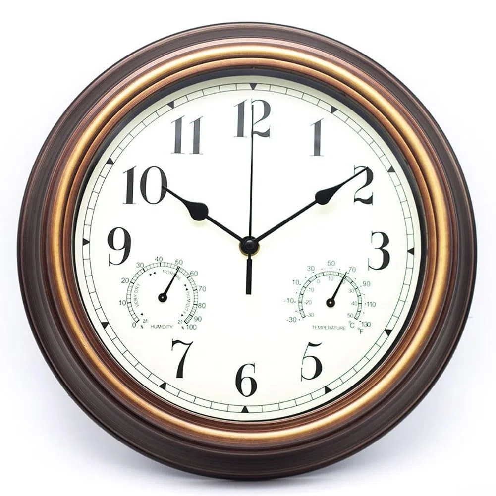 Orologio da parete da giardino da 30,5 cm, con termometro e igrometro, impermeabile, silenzioso, senza ticchettio, orologio decorativo per patio, portico, garage (rame rosso)