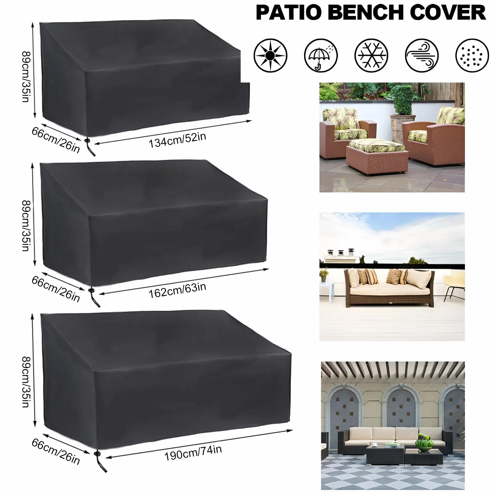 Copertura Panca Contenitore, Copri Panca 3 Posti, Copertura Divano Giardino, con Aperture di Ventilazione, per Mobili da Giardino, Balcone, Terrazza, 162×66×89cm