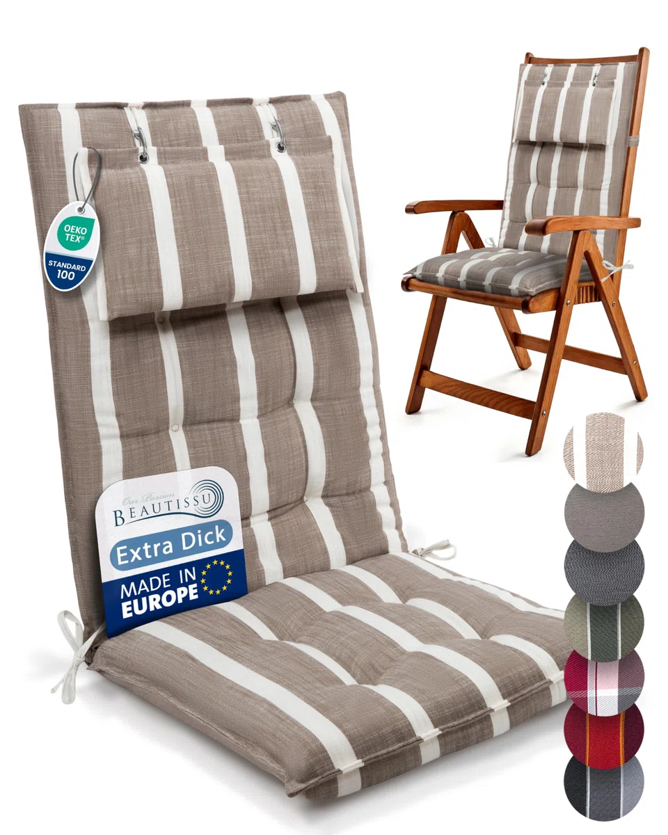 Beautissu Premium Cuscino Schienale Alto con Poggiatesta Sedia Giardino | 120x50cm spessore 8cm beige bianche a righe tessuto robusto resistente UV fissaggio antiscivolo Cuscini sdraio esterno Sun-HL