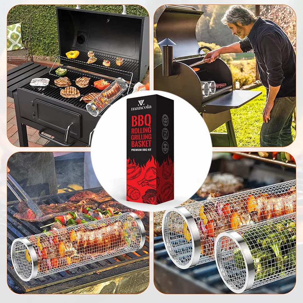 mancola Cestino per Griglia BBQ a Rete Tubo-Rotolante, Cestini per Griglia Rotolanti per Grigliare all'Aperto, Rete per Griglia BBQ Rotonda in Acciaio Inossidabile, Supporto per Barbecue da Campeggio