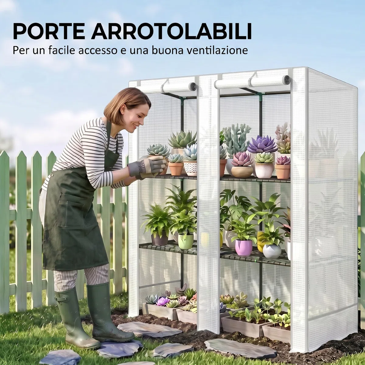 Outsunny Serra da Giardino con 2 Porte Avvolgibili, Scaffale a 3 Ripiani e Tasche Laterali, Serra per Orto, Struttura Acciaio e Copertura PE, per Piante Verdure Fiori Frutta, Anti UV, Bianco e Grigio