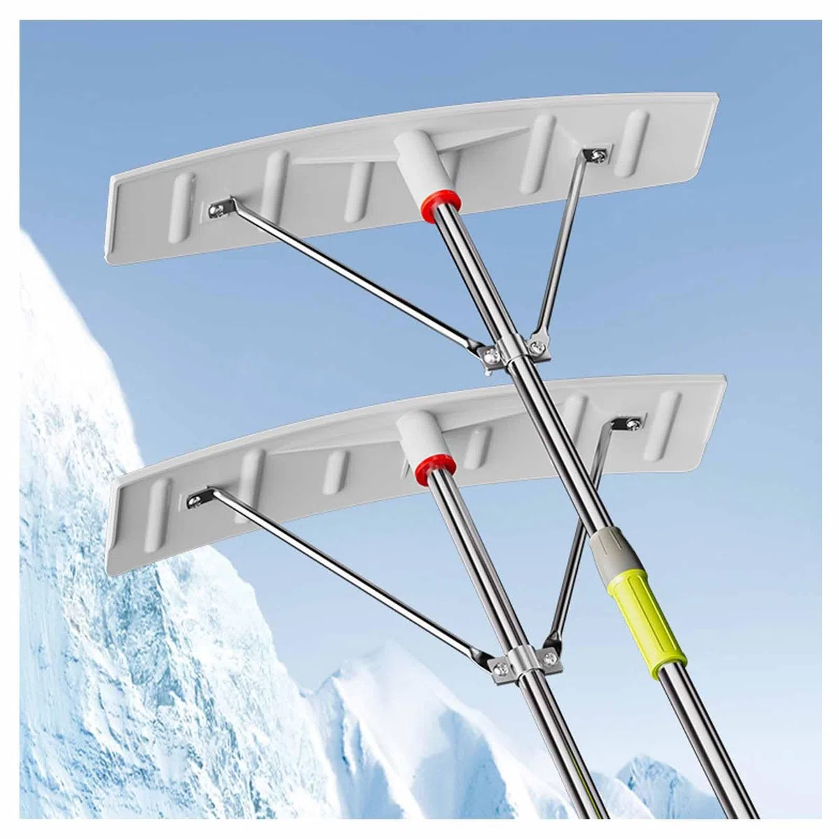 Rastrello da neve in alluminio per tetti, manico telescopico, 1,9-6,4 m, impugnatura antiscivolo, rimozione del ghiaccio portatile e raschietto