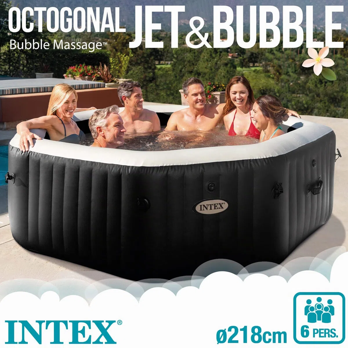 Intex 28462EX - PureSpa Vasca Idromassaggio Gonfiabile Jet&Bubble Deluxe Ottagonale, 6 posti, 140 Getti, Riscaldatore, Nero, 218x71 cm