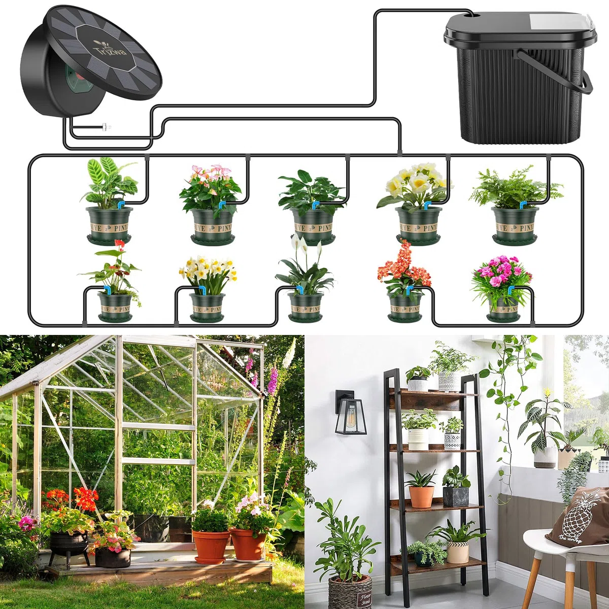 Sistema di Irrigazione Solare con Serbatoio Integrato per Piante | Kit con Timer Programmabile, Serbatoio Esterno e 5 Fioriere Grandi + 5 Piccole Incluse per Balcone e Piante in Vaso, Balcone