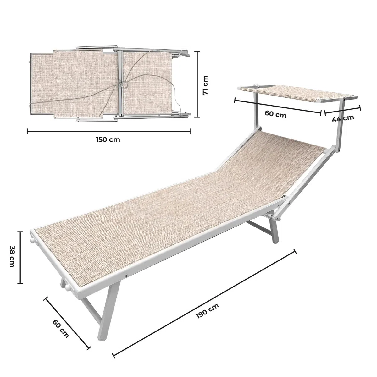 Lettino Prendisole Professionale Pieghevole e Impilabile con Parasole Regolabile, Schienale Reclinabile 2 Posizioni, Struttura in Alluminio, Tessuto Impermeabile UV Resistente, Portata 110 Kg - Beige