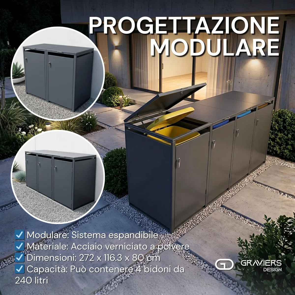 Ghiaiers - Set di 4 copribidoni fino a 240 litri, struttura in acciaio di alta qualità, bloccabile, resistente alle intemperie ed espandibile in modo modulare