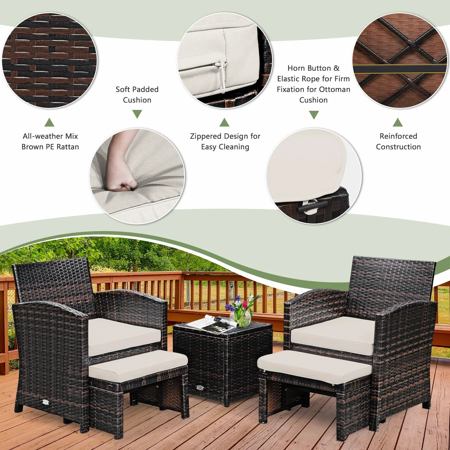 GIANTEX Salotto da Giardino in Rattan, Set da 2 Poltrone e 2 Poggiapiedi e 1 Tavolino da Caffè, Carico Massimo per Sedia 160 kg, Carico del Tavolo 30 kg, 2 Colori (Bianco)
