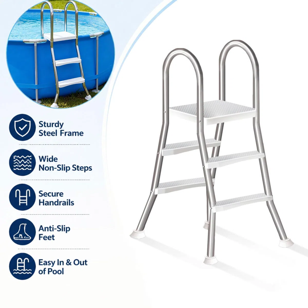 Gradini per Scala da Piscina Scala a 4 gradini per Piscine Fuori Terra Scala di Sicurezza Alta 135cm Scala da Piscina da con Struttura a Telaio in Acciaio Inossidabile gradini Antiscivolo,85CM