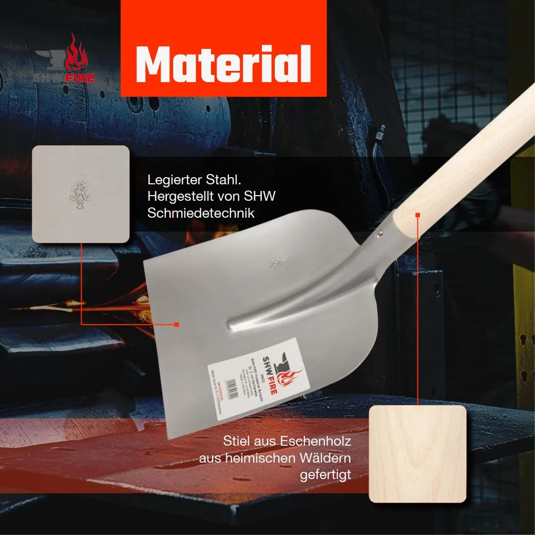 SHW FIRE - Pala in acciaio temprato, lama curva, manico in frassino 128 cm per trasmissione ottimale della forza, pala professionale resistente e durevole | Made in Germany