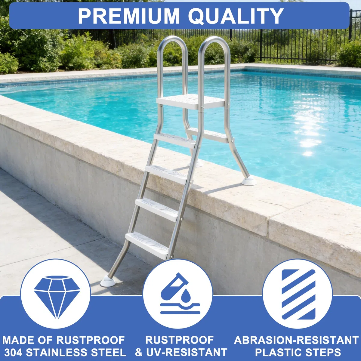 Scala per piscina 3+1 in acciaio inox, con corrimano di sicurezza, gradini in plastica antiscivolo e design con giunto sferico, stabile scala per piscine e piscine fino a 115 cm