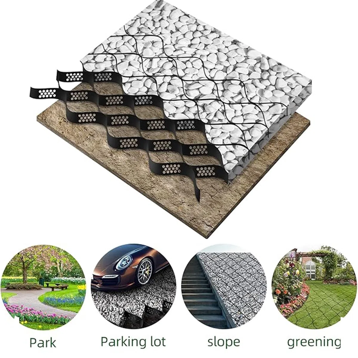 Griglia resistente da 2,4 x 5,5 m, per stabilizzazione vialetto, tettoia, parcheggio, erba e ghiaia, griglia nera, H-10 cm, perfetta per veicoli leggeri