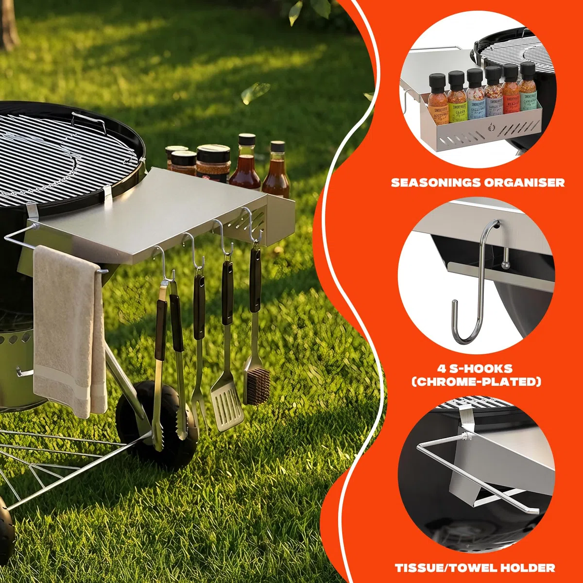 onlyfire Tavolino da Barbecue per Griglie a Carbonella Weber Master-Touch e Original Kettle da 57 cm, Tavolino da Griglia Aggiornato con Portasciugamani in Rotolo di Carta e Scatola per Condimenti
