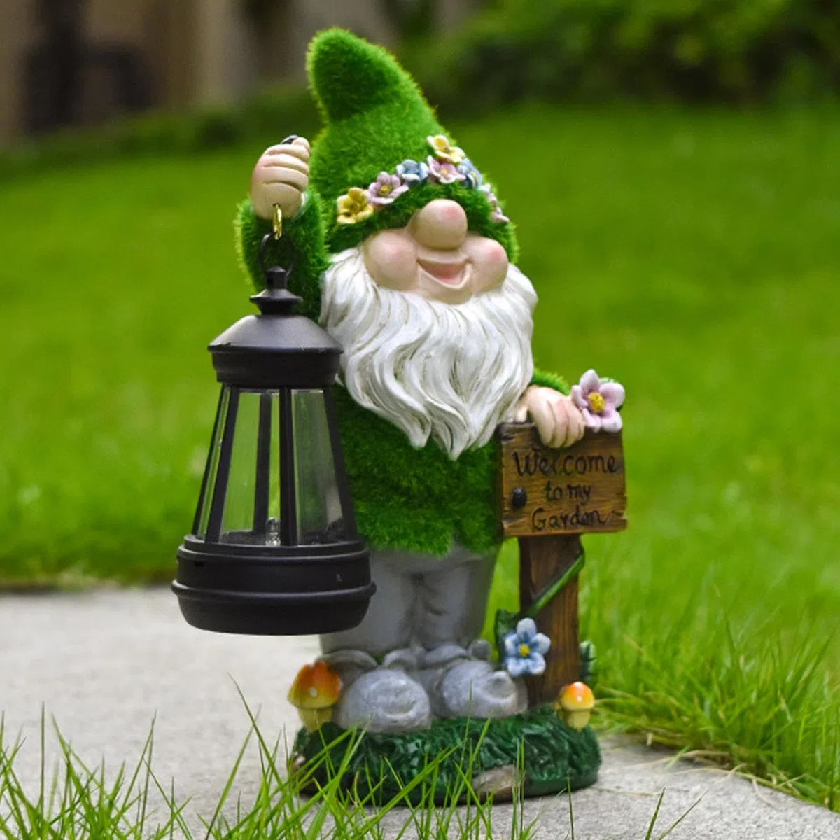 Gnomo da giardino a energia solare, grazioso gnomo da giardino con lanterna, luci paesaggistiche, statue esterne per Natale, festa della mamma, San