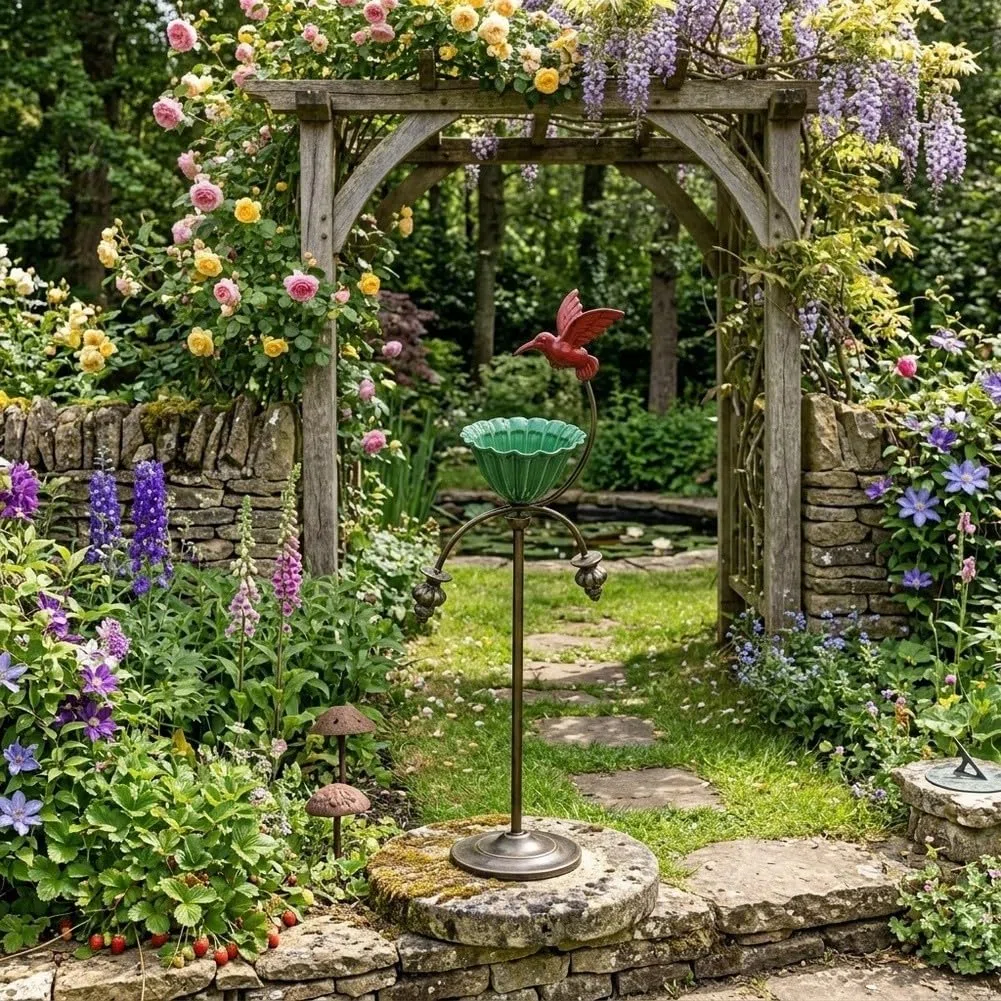 Elegante mangiatoia per uccelli in metallo con ciotola per fiori Red Hummingbird Feeder e Abbeveratoio per uccelli per esterni Decorazione da giardino Robusto palo in ferro battuto verde e