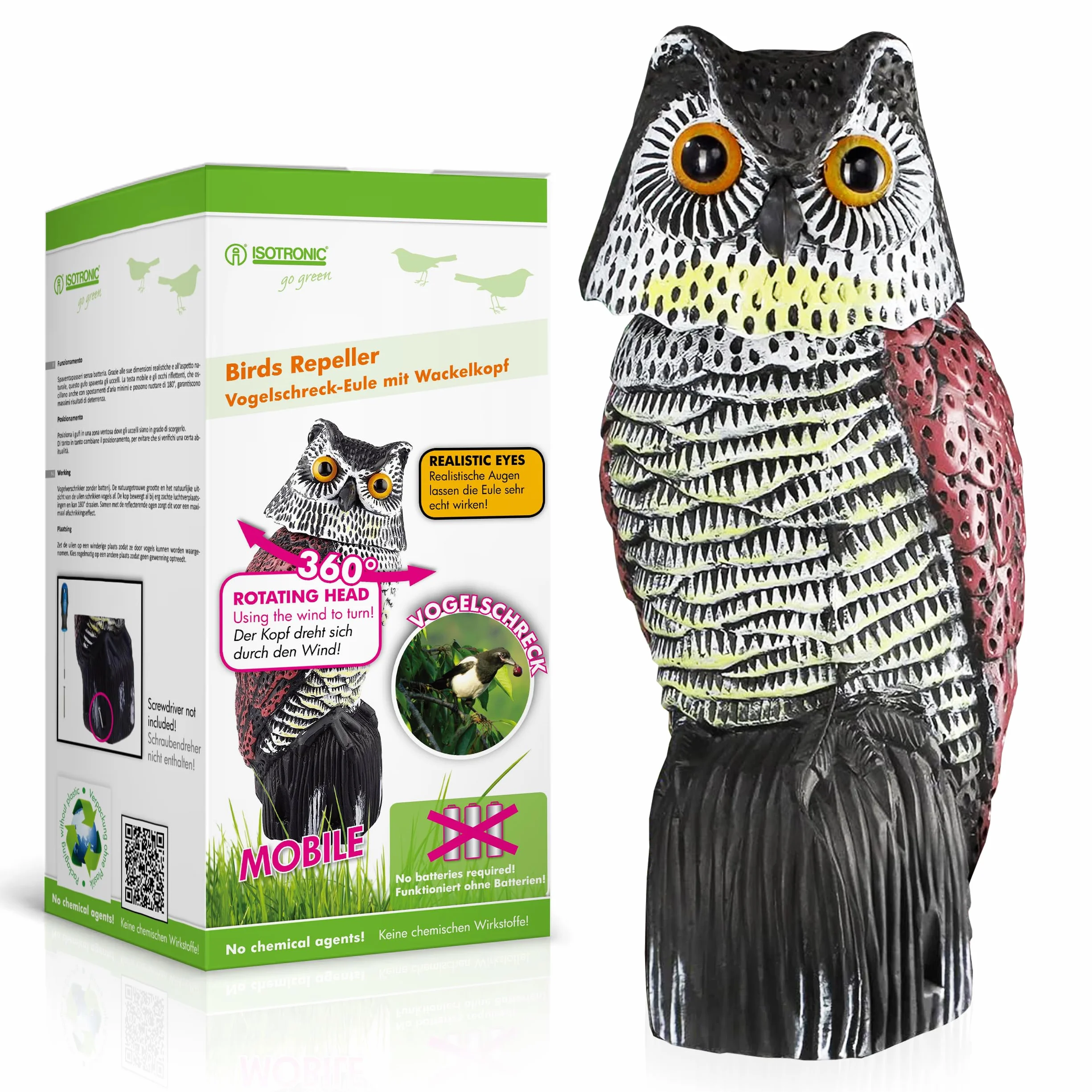 ISOTRONIC richiamo Gufo Controllo Uccelli spaventapasseri Realistico Testa oscillante Repellente piccioni Giardino Balcone frutteto 1 Pezzi Efficace Esterno Protezione Difesa Stop volatili visivo