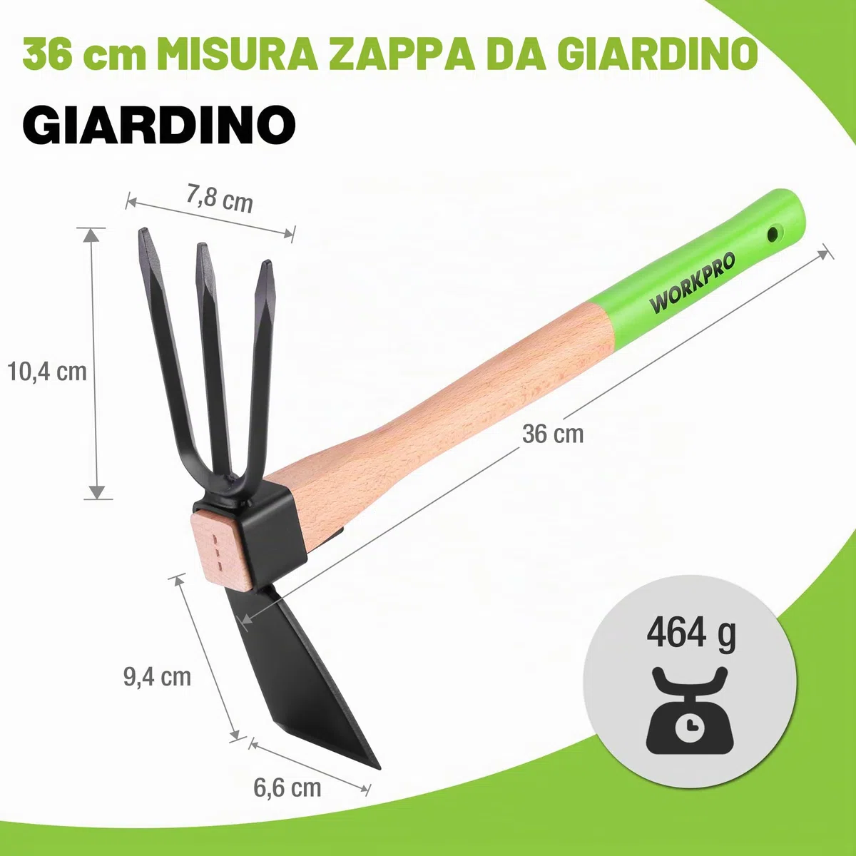 WORKPRO Zappa e Coltivatore 2-in-1 – Rastrello da Giardino con Manico in Legno da 36 cm, Lama Affilata e Denti a 3 Artigli, Attrezzo Pesante per Scavare, Smuovere il Terreno, Sarchiare e Coltivare