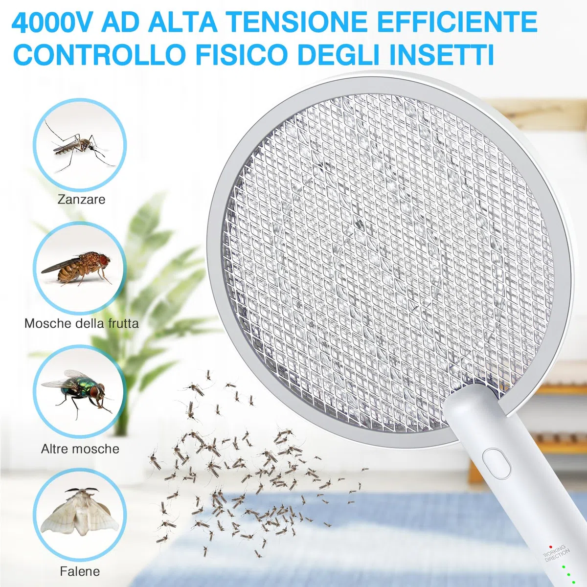 PALONE Racchetta Zanzare Elettrica, 4000V con USB Ricaricabile LED 2-In-1 Racchetta Zanzare Elettrico, Protezione Maglia a 3 Strati, Adatto per Casa Giardino Campeggio Interni ed Esterni - Bianco